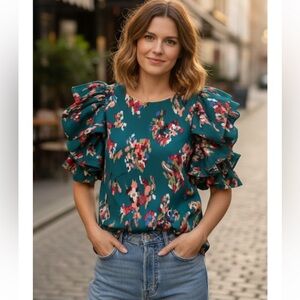 THML Teal Floral Ruffle Blouse